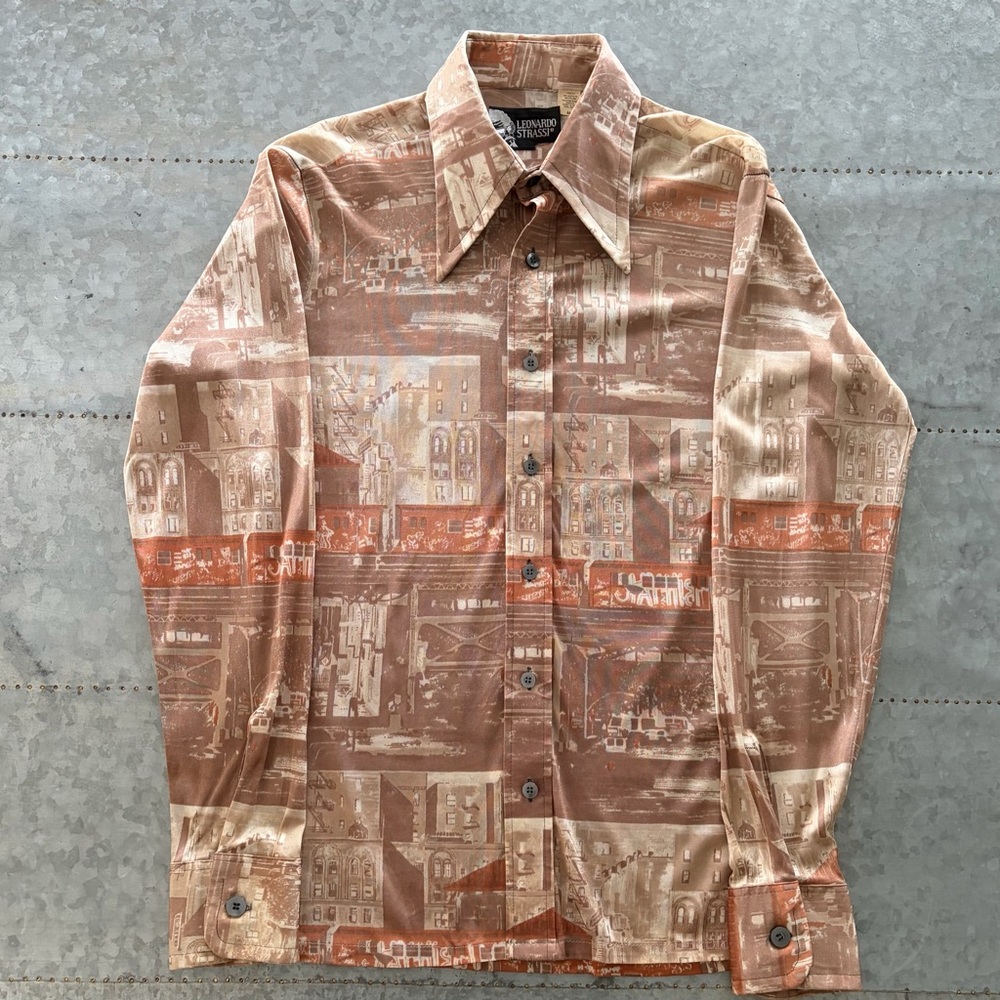 Vintage Cityscape Button Down Shirt by Leonardo Strassi, Disco Era, Men's Medium